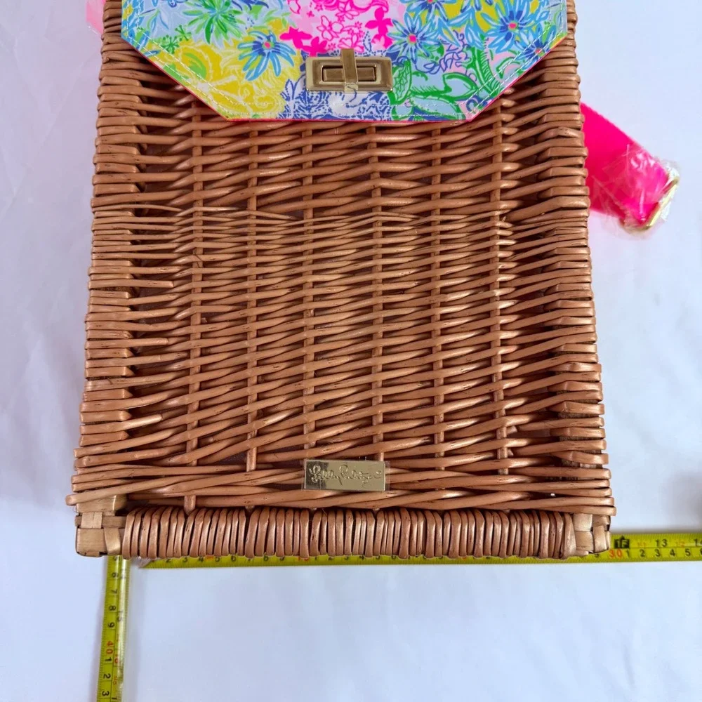 Lilly Pulitzer Wicker Wine‎ Picnic Basket Shoulder Bag Pink Floral Straps NWOT